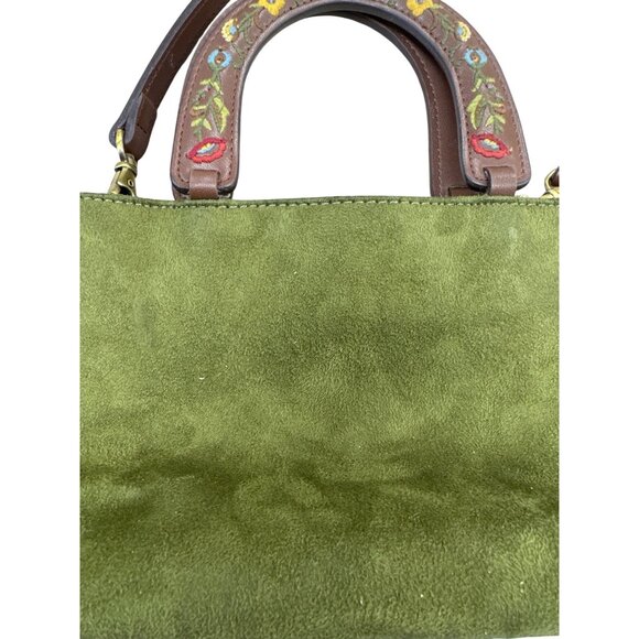 Relic Green Suede Brown Leather Floral Handle Crossbody Bag SKU 7056 - Picture 3 of 13